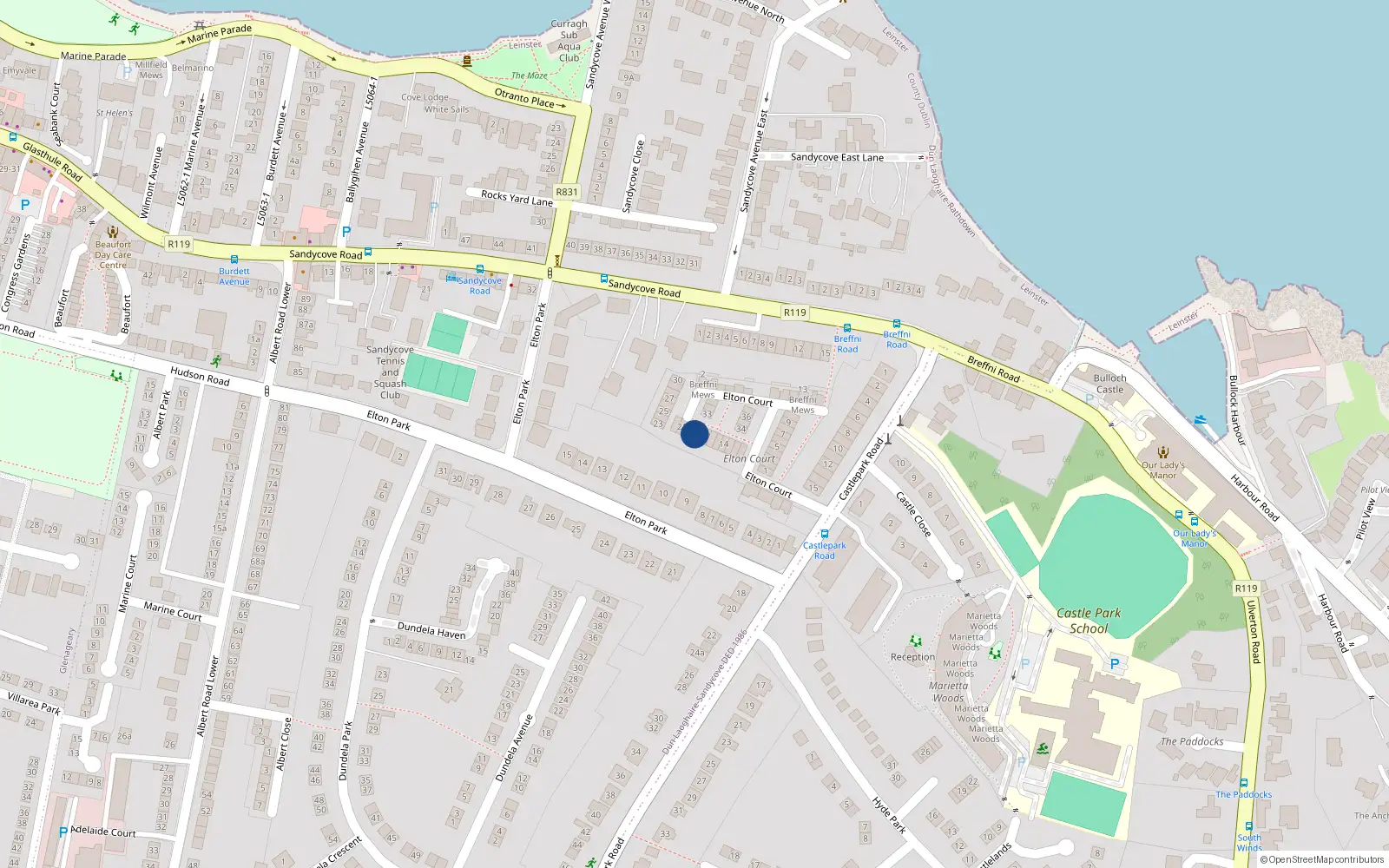 Overhead map showing the location of 19 Elton Court, Sandycove
