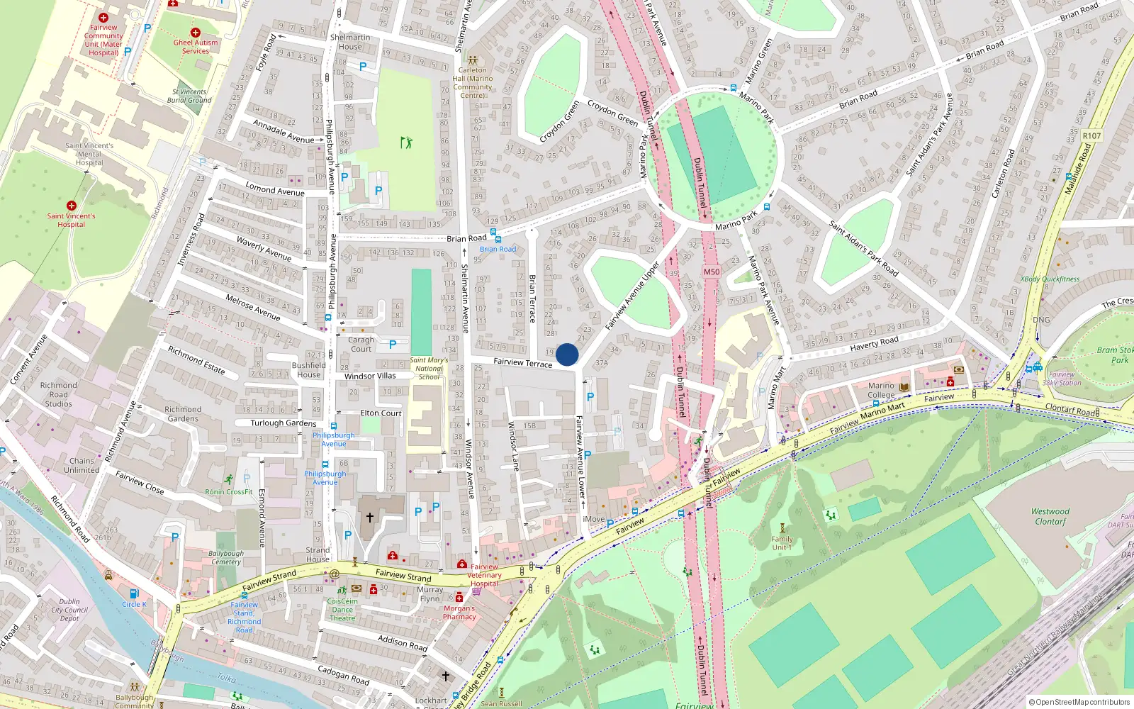 Overhead map showing the location of 19 Fairview Avenue Upper, Fairview, Dublin 3