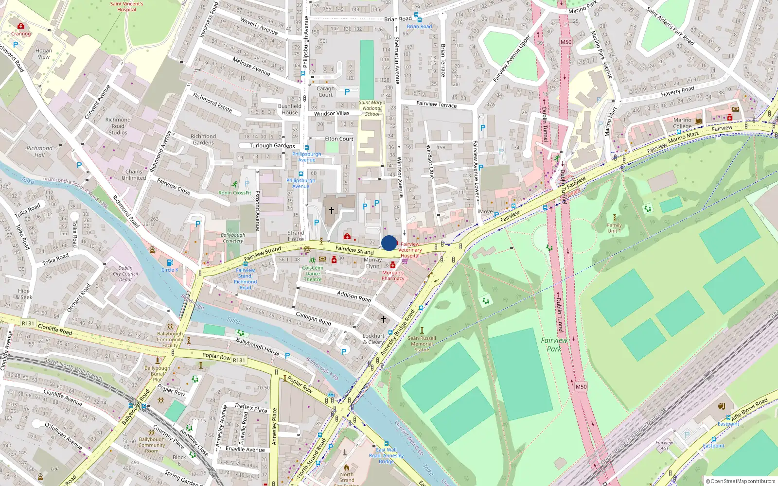 Overhead map showing the location of 19 Fairview Strand, Dublin 3, Dublin