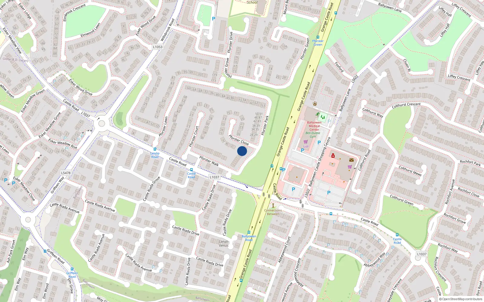 Overhead map showing the location of 19 Fforster Park, Ballydowd Manor, Lucan