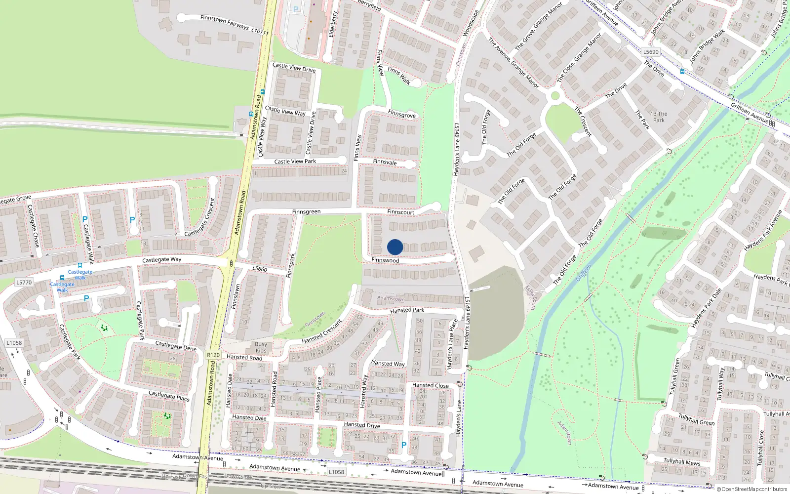 Overhead map showing the location of 19 Finnswood, Lucan, Dublin