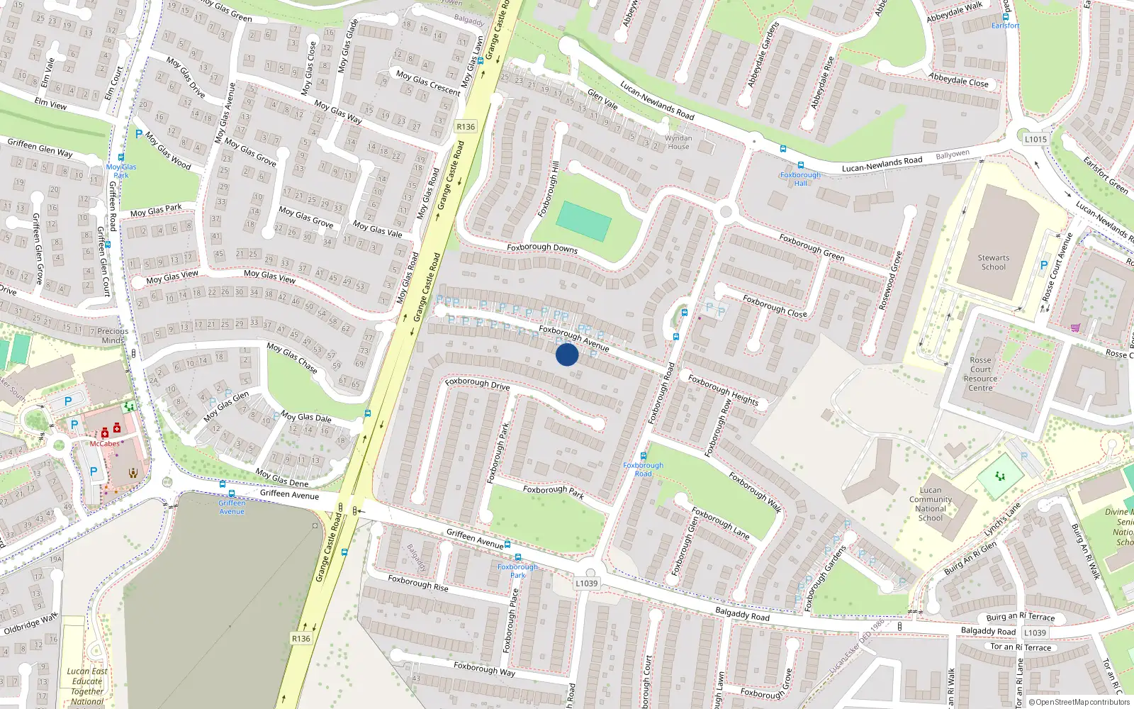 Overhead map showing the location of 19 Foxborough Avenue, Lucan