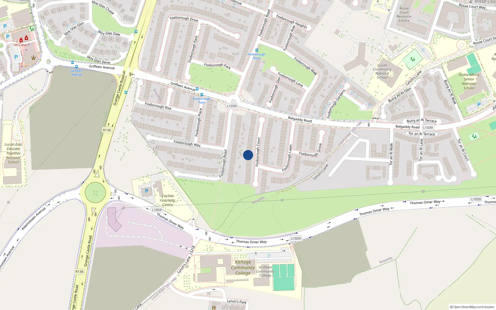 Overhead map showing the location of 19 Foxborough Court, Lucan, Dublin