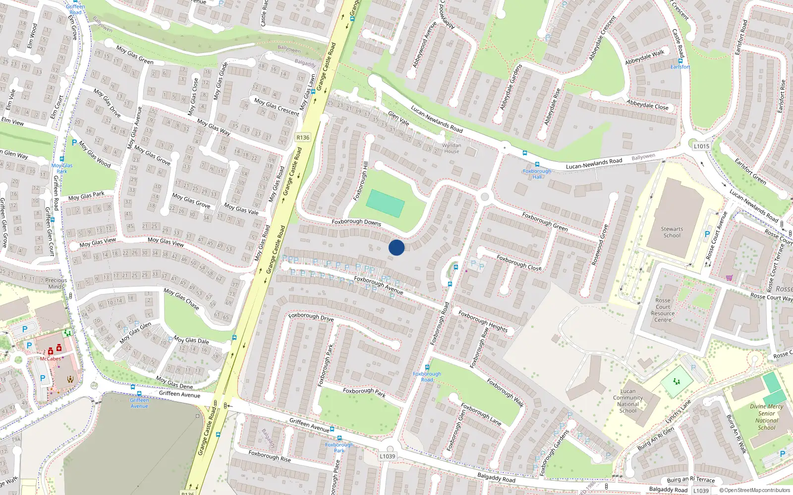 Overhead map showing the location of 19 Foxborough Downes, Lucan, Dublin