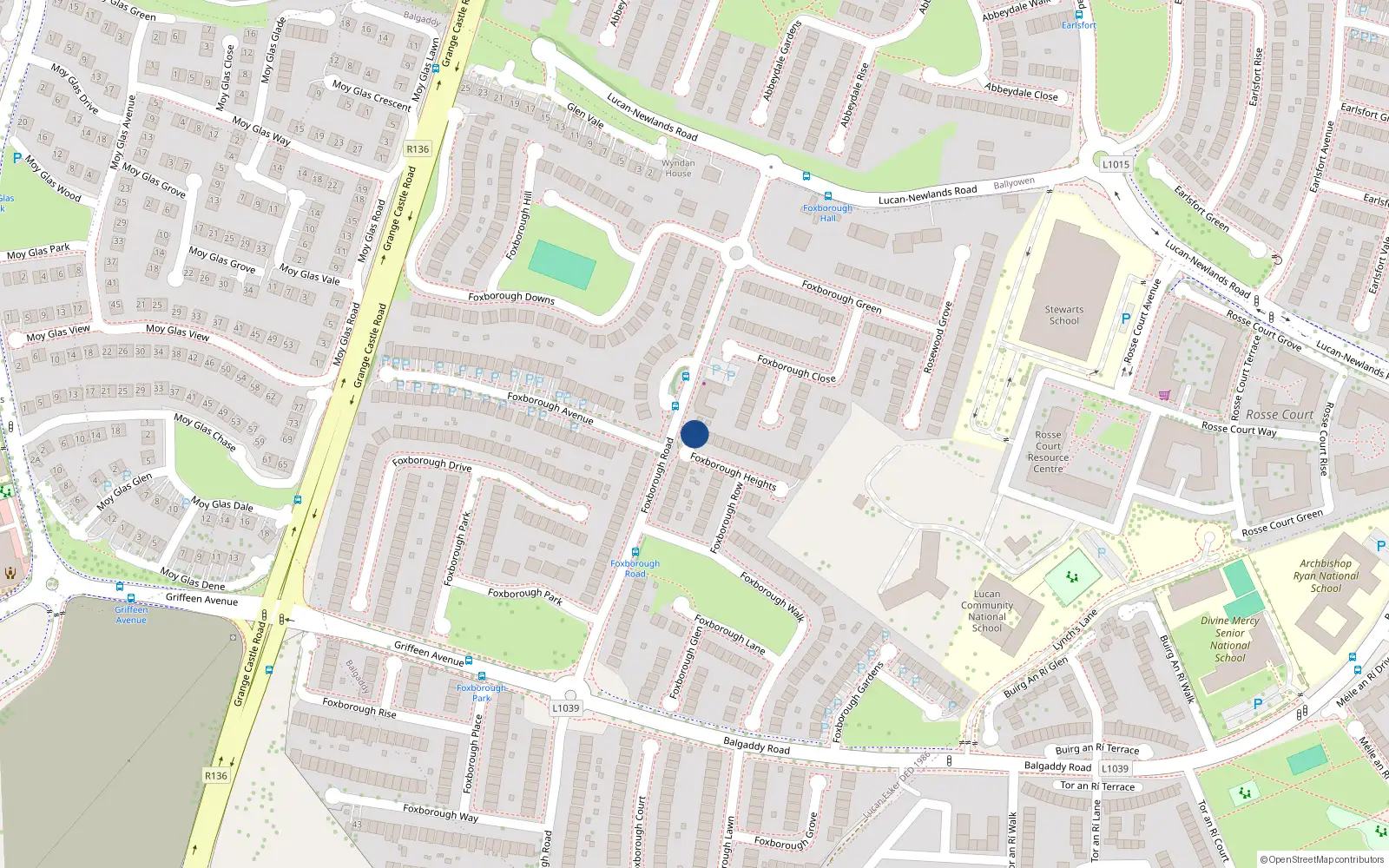 Overhead map showing the location of 19 Foxborough Heights, Lucan, Dublin