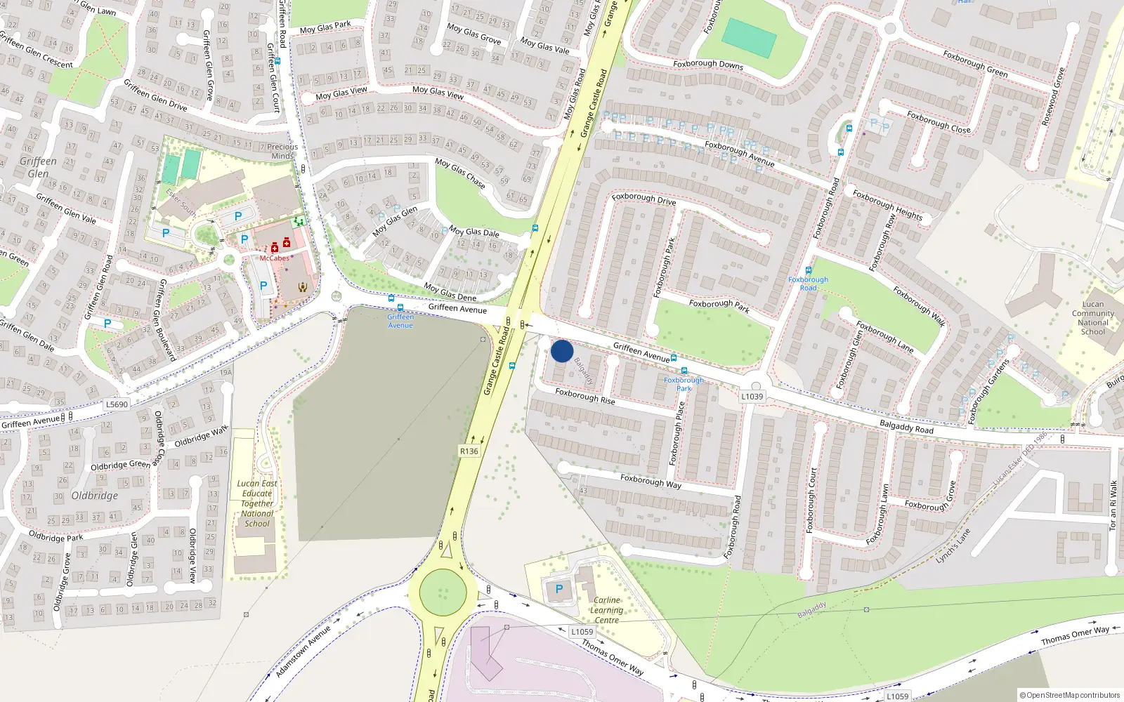 Overhead map showing the location of 19 Foxborough Rise, Lucan, Dublin