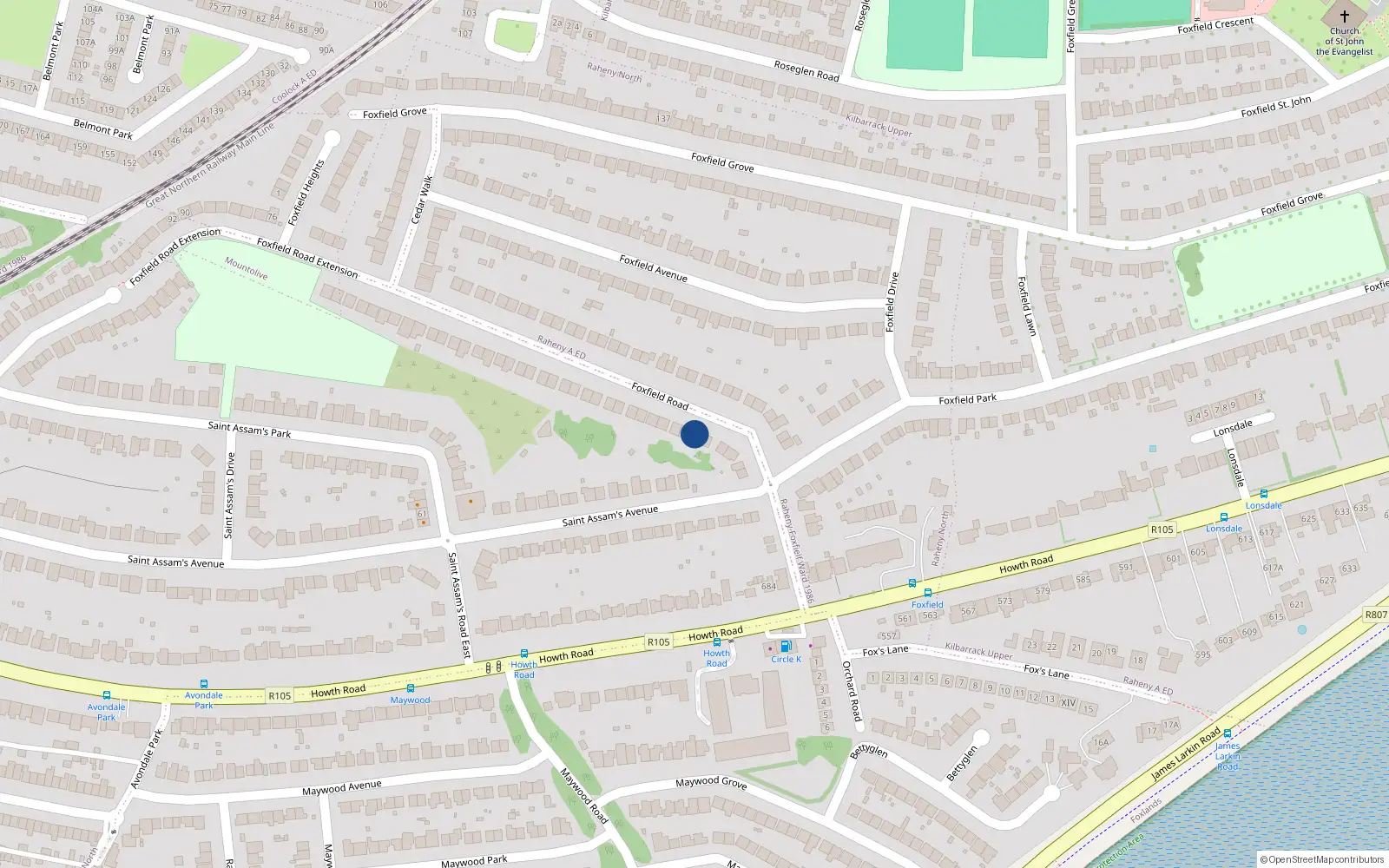 Overhead map showing the location of 19 Foxfield Road, Dublin 5