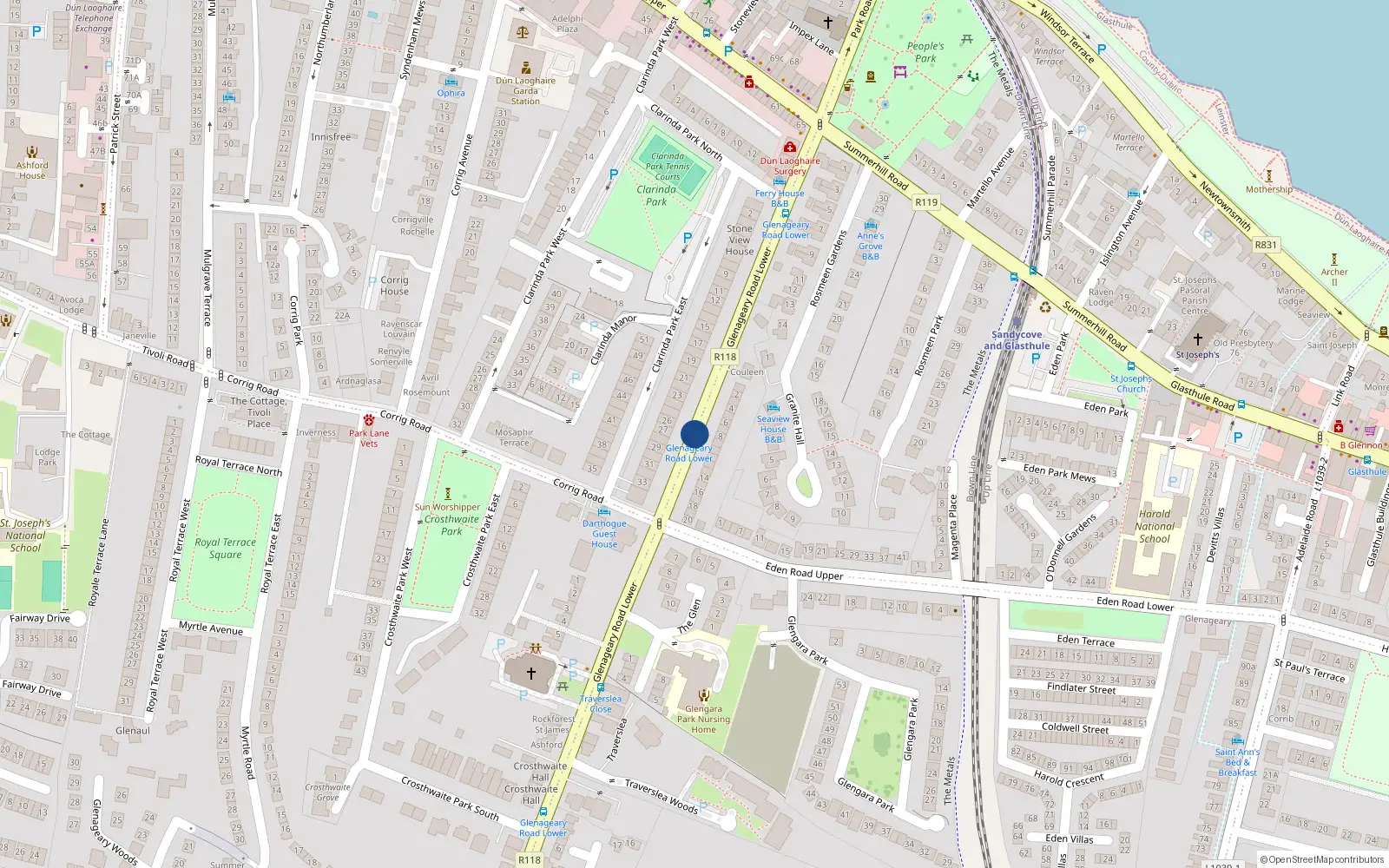 Overhead map showing the location of 19 Glenageary Road Lower, Dun Laoghaire