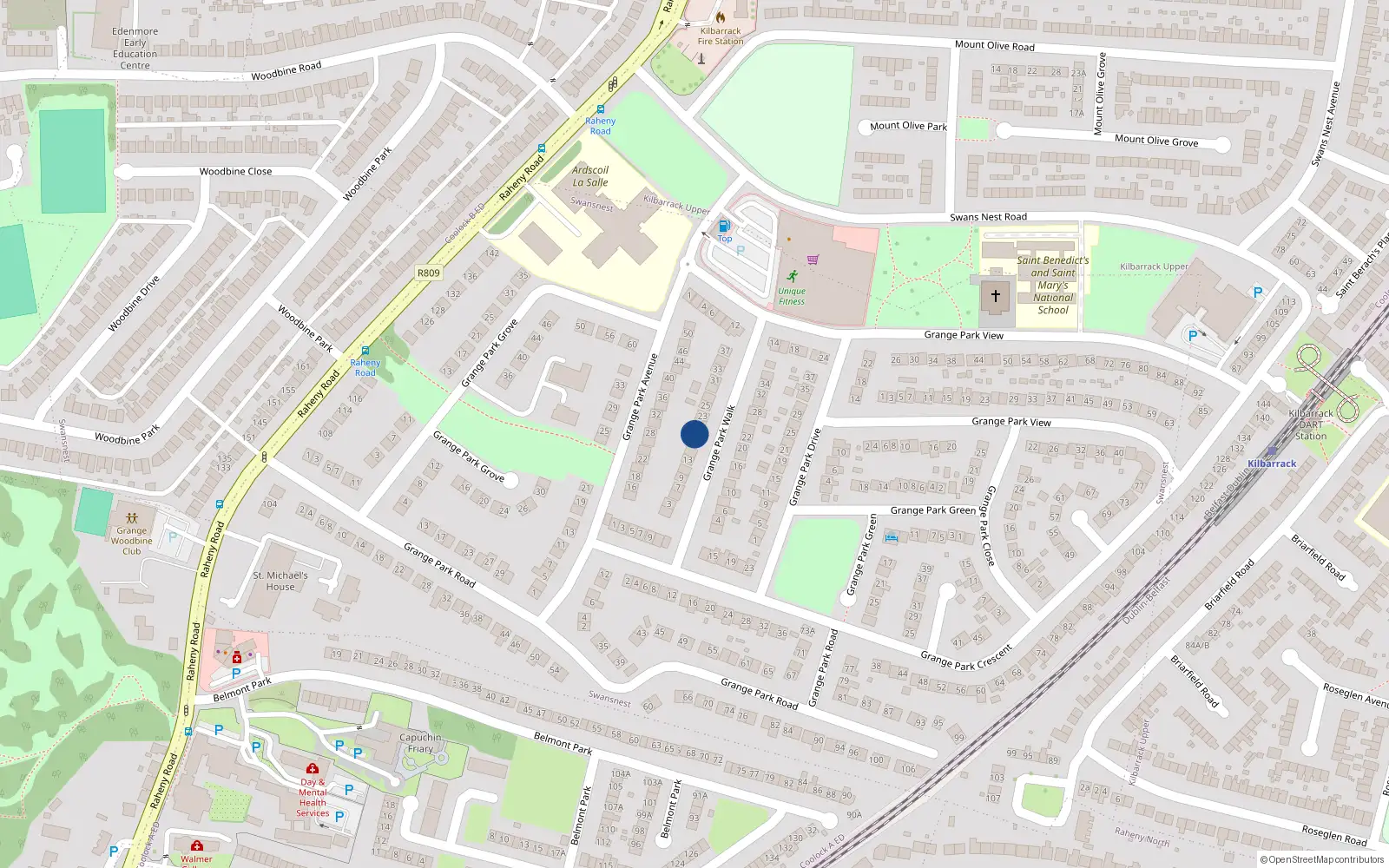 Overhead map showing the location of 19 Grange Park Walk, Raheny, Dublin 5