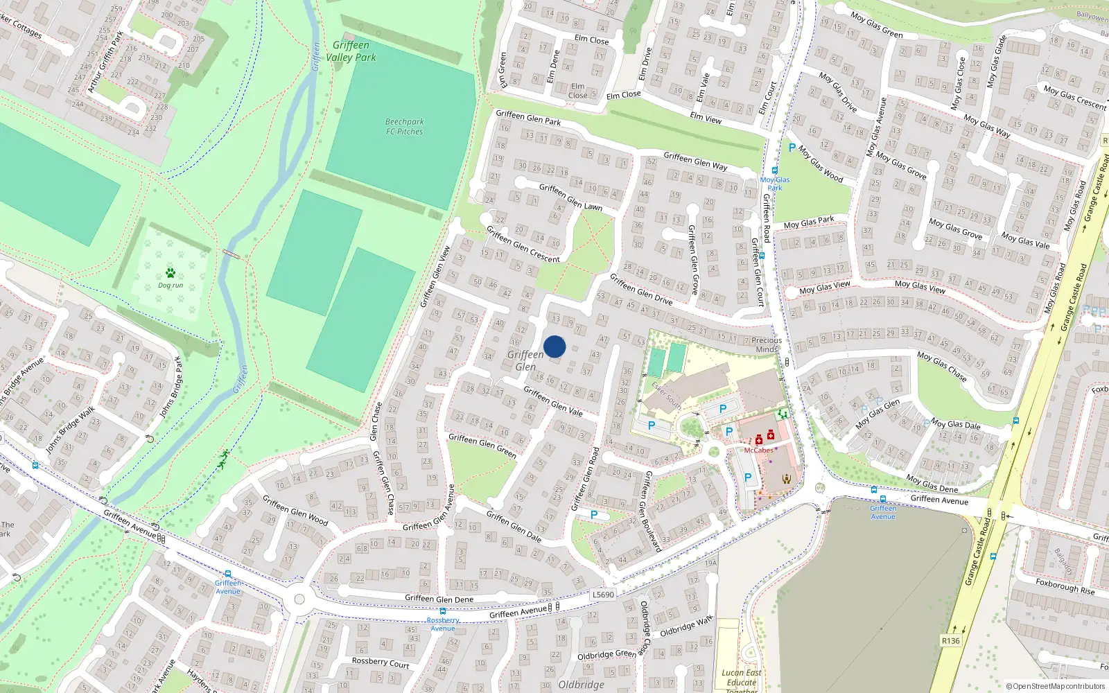 Overhead map showing the location of 19 Griffeen Glen Close, Lucan, Dublin