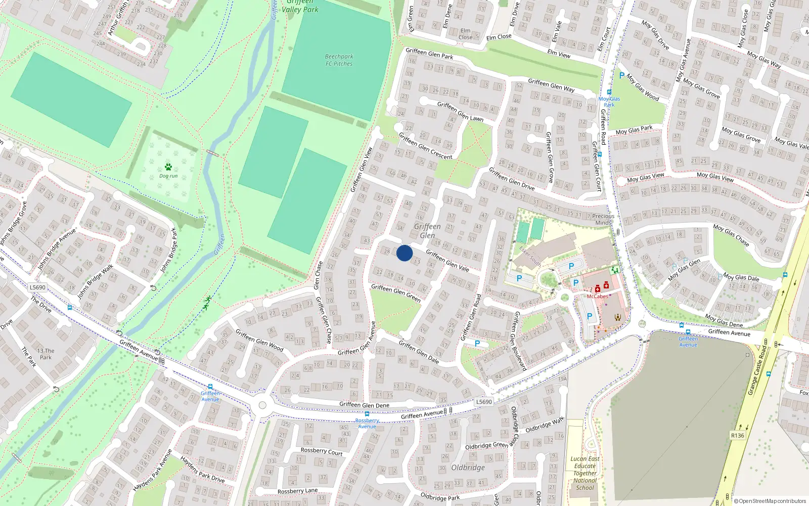 Overhead map showing the location of 19 Griffeen Glen Vale, Lucan, Dublin