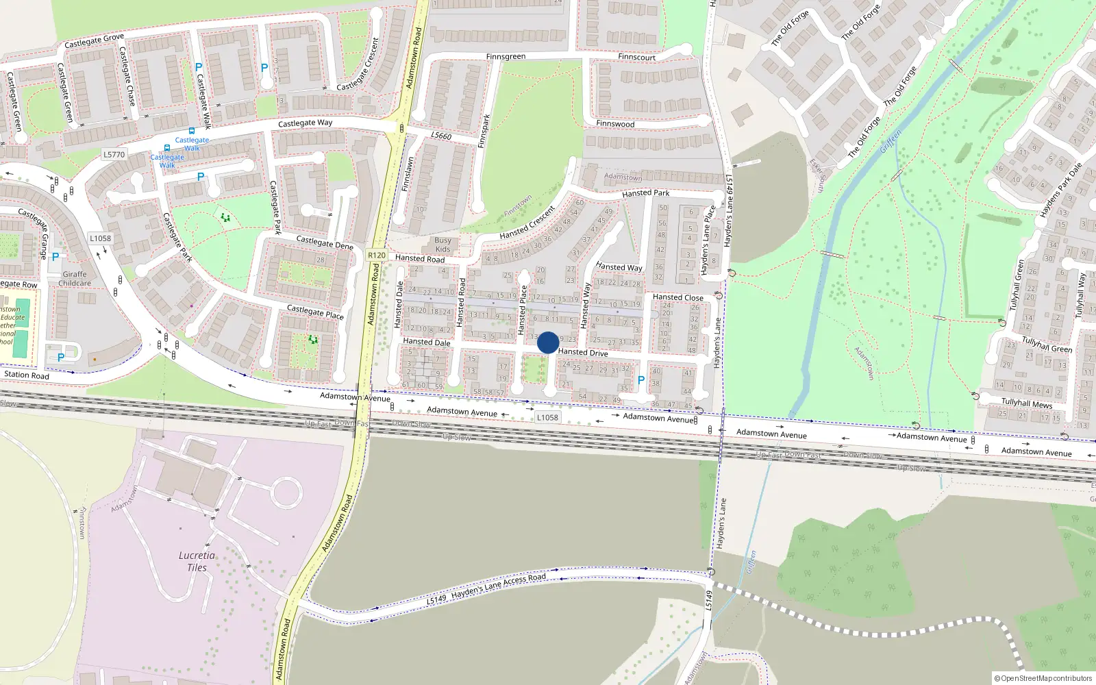 Overhead map showing the location of 19 Hanstead Drive, Lucan, Dublin