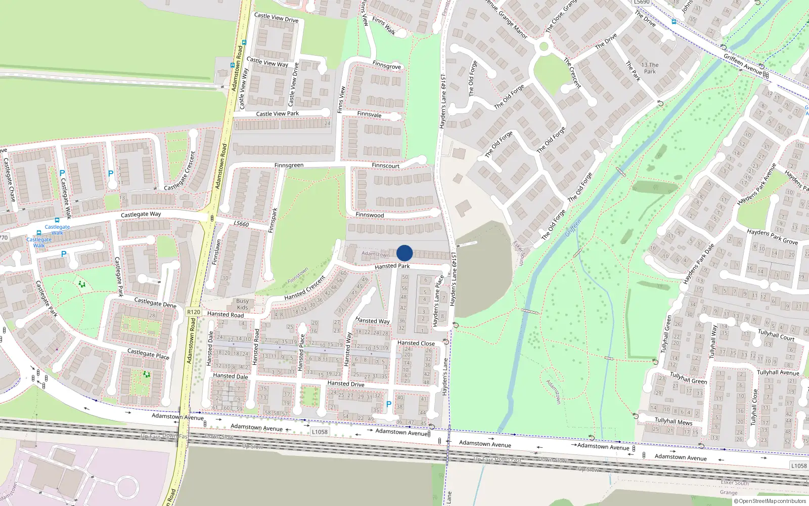 Overhead map showing the location of 19 Hansted Park, Lucan