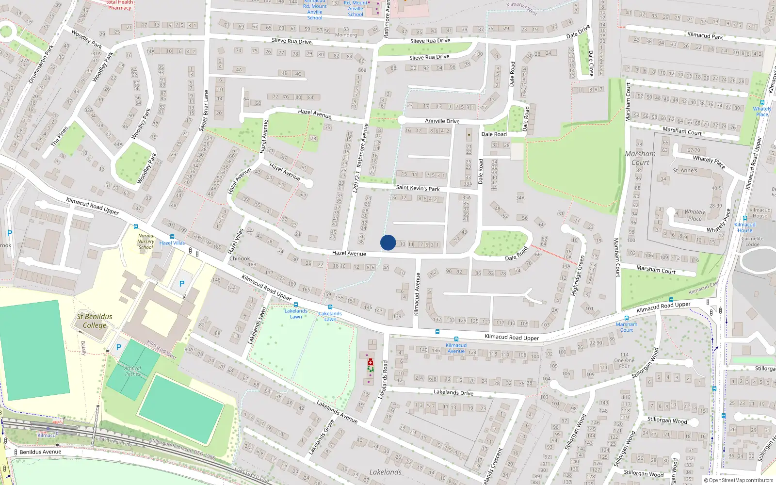 Overhead map showing the location of 19 Hazel Avenue, Kilmacud, Dublin