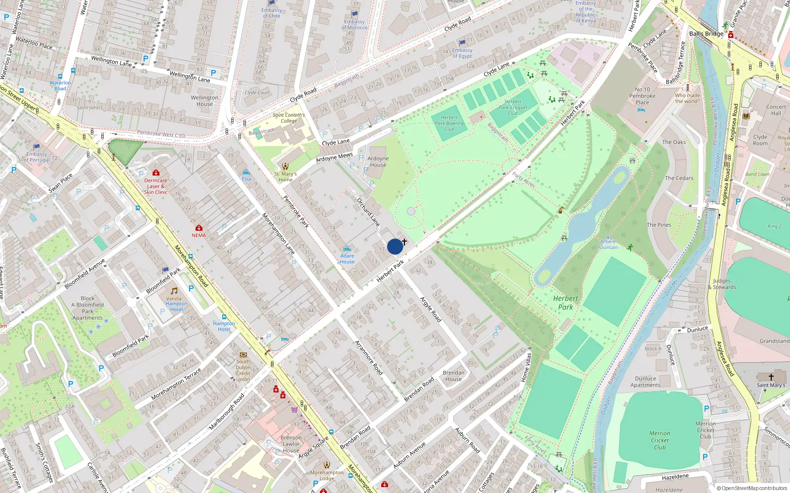 Overhead map showing the location of 19 Herbert Park, Dublin 4
