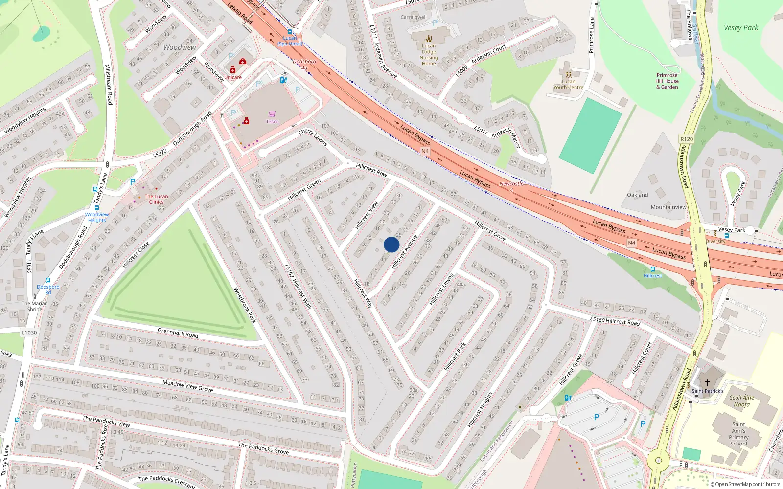 Overhead map showing the location of 19 Hillcrest Avenue, Lucan, Dublin