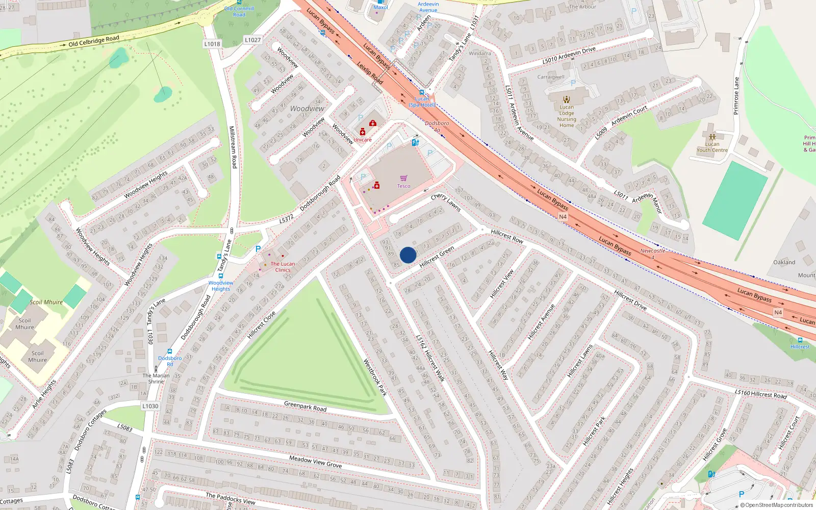 Overhead map showing the location of 19 Hillcrest Green, Lucan