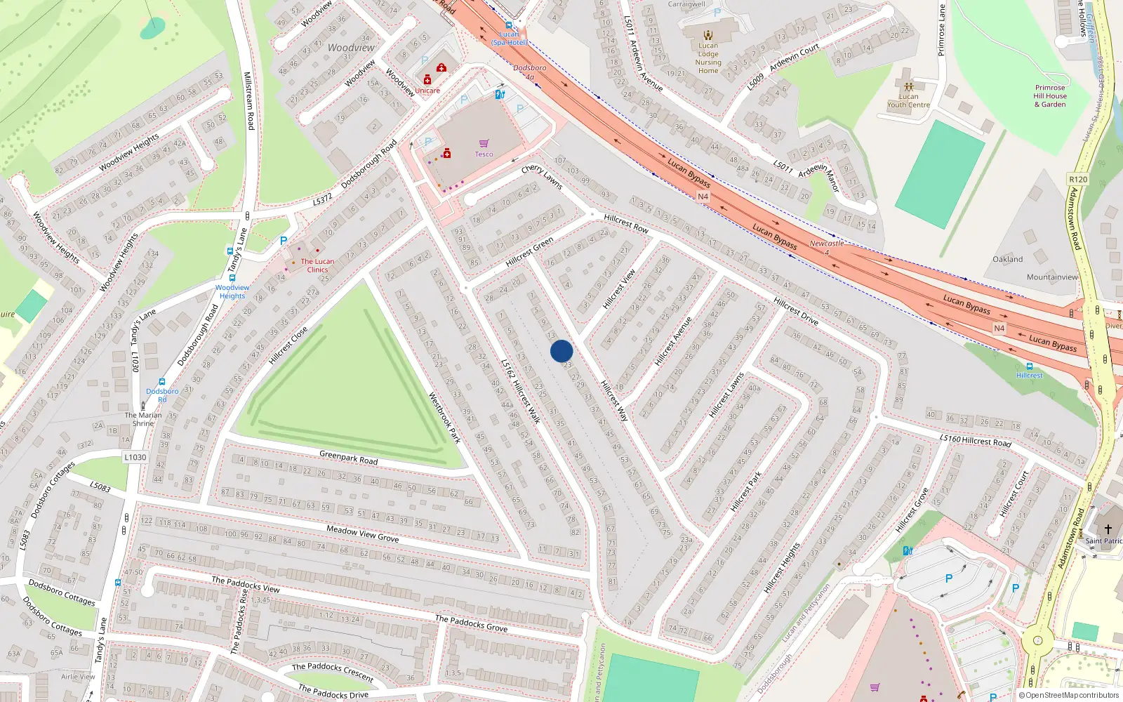 Overhead map showing the location of 19 Hillcrest Way, Lucan