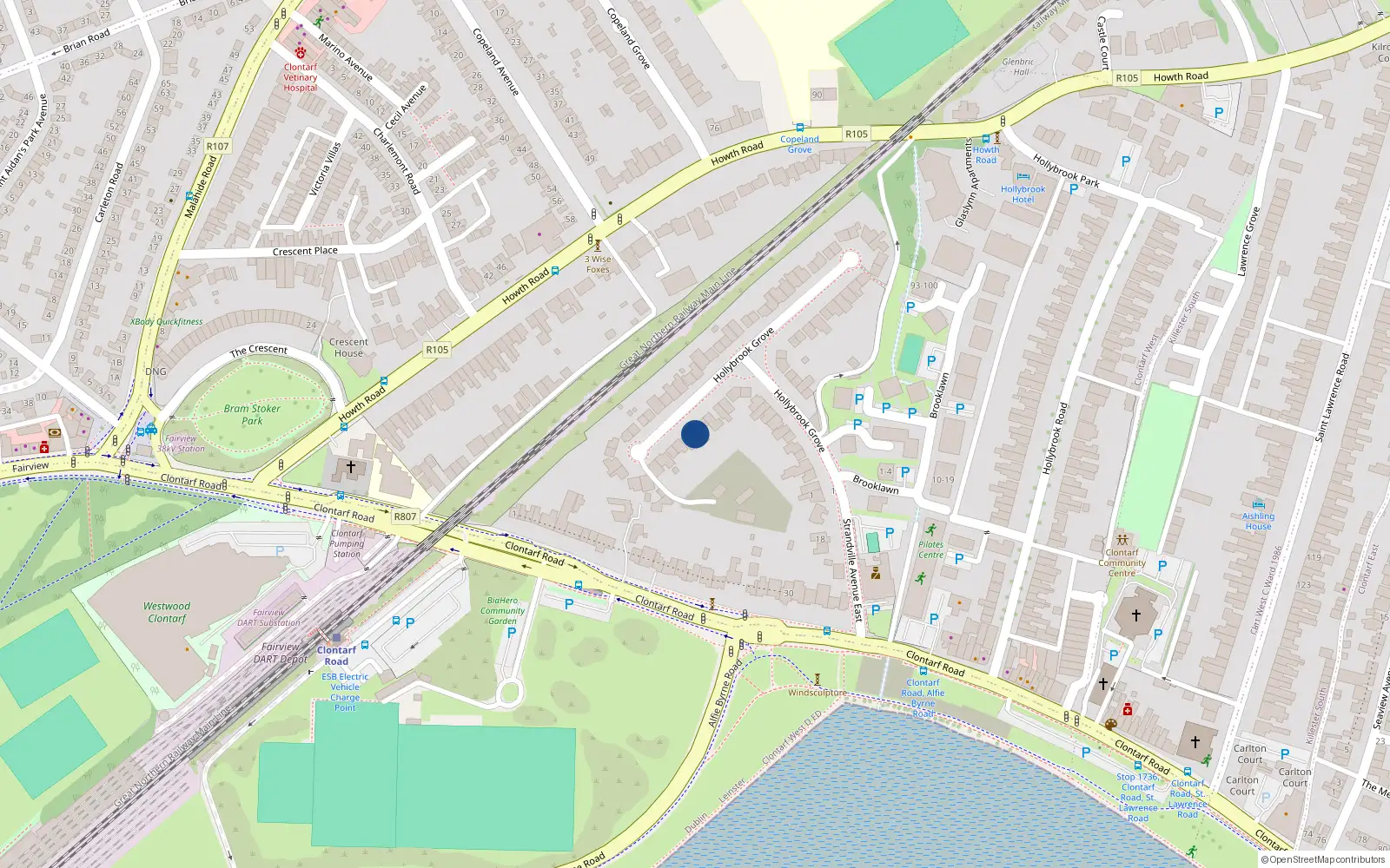 Overhead map showing the location of 19 Hollybrook Grove, Dublin 3