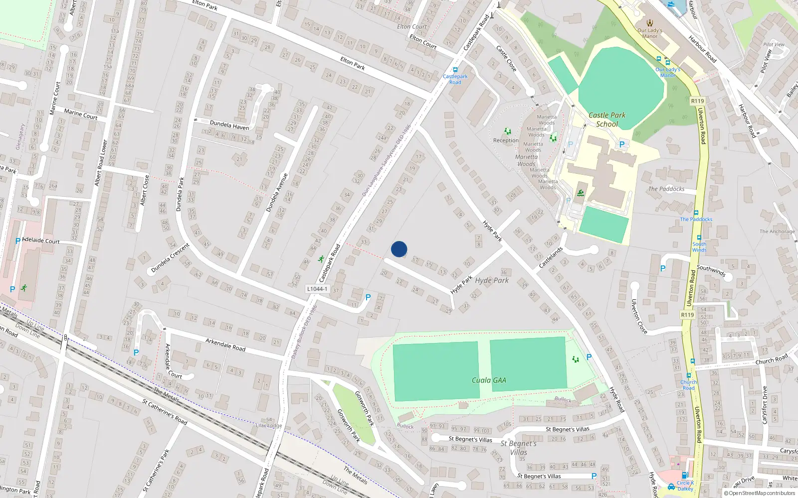 Overhead map showing the location of 19 Hyde Park, Dalkey, Dublin