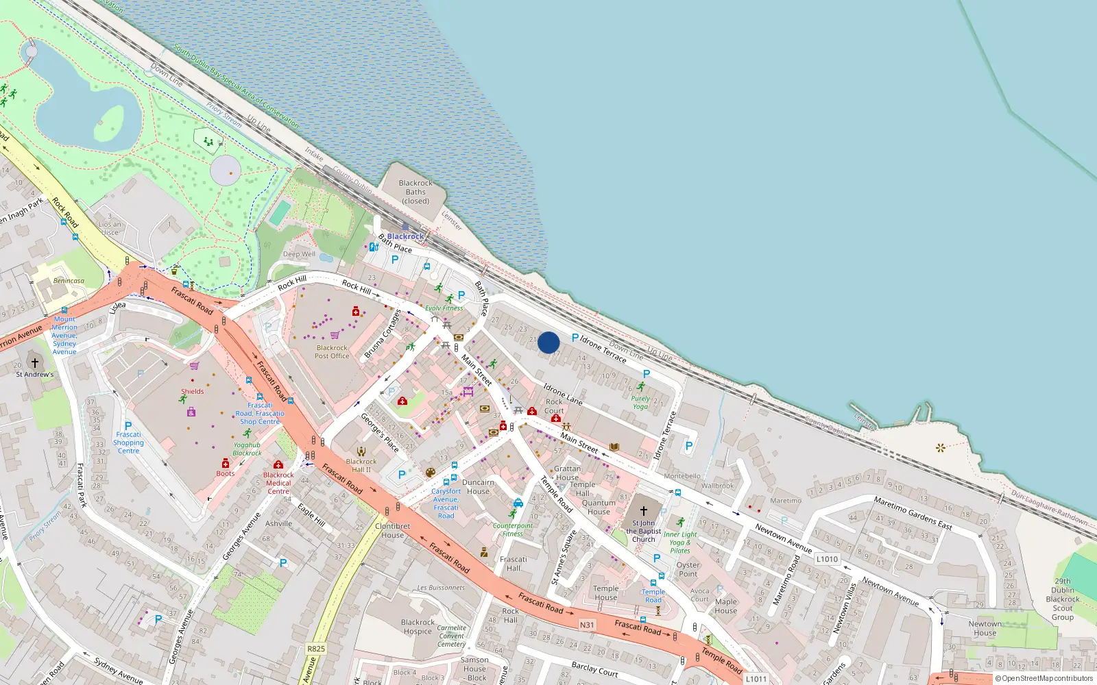 Overhead map showing the location of 19 Idrone Terrace, Blackrock, Dublin