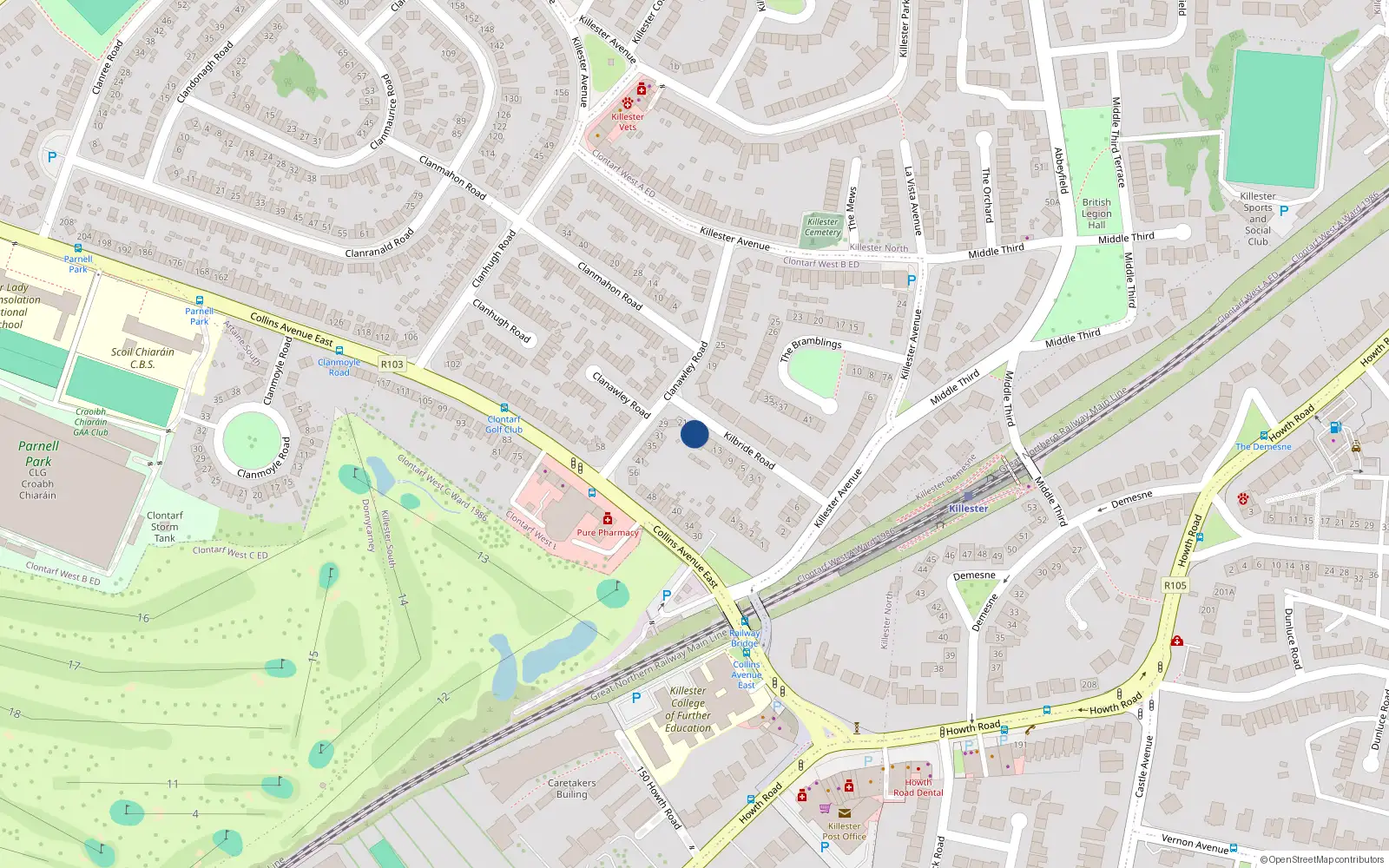Overhead map showing the location of 19 Kilbride Road, Dublin 5