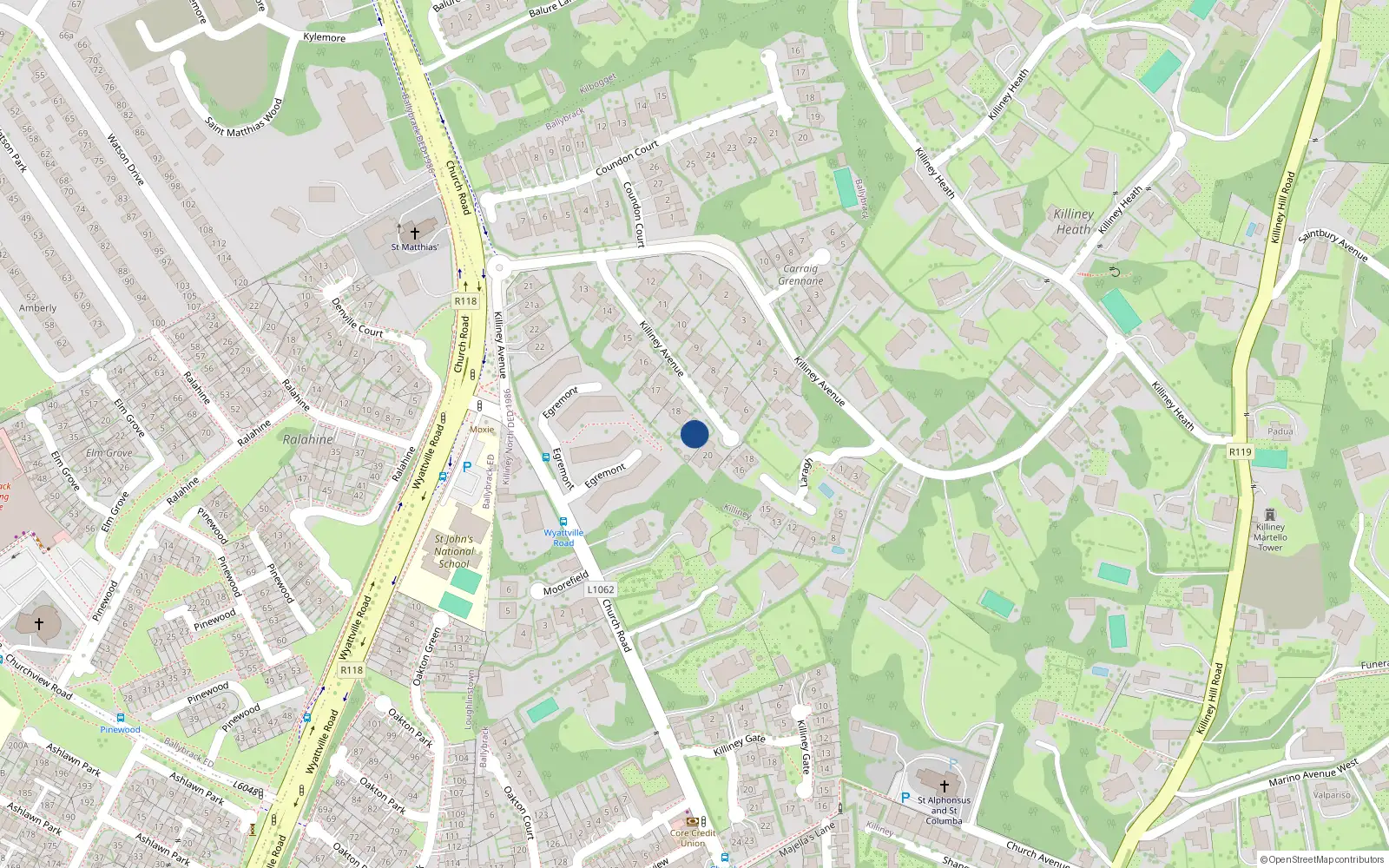 Overhead map showing the location of 19 Killiney Avenue, Killiney