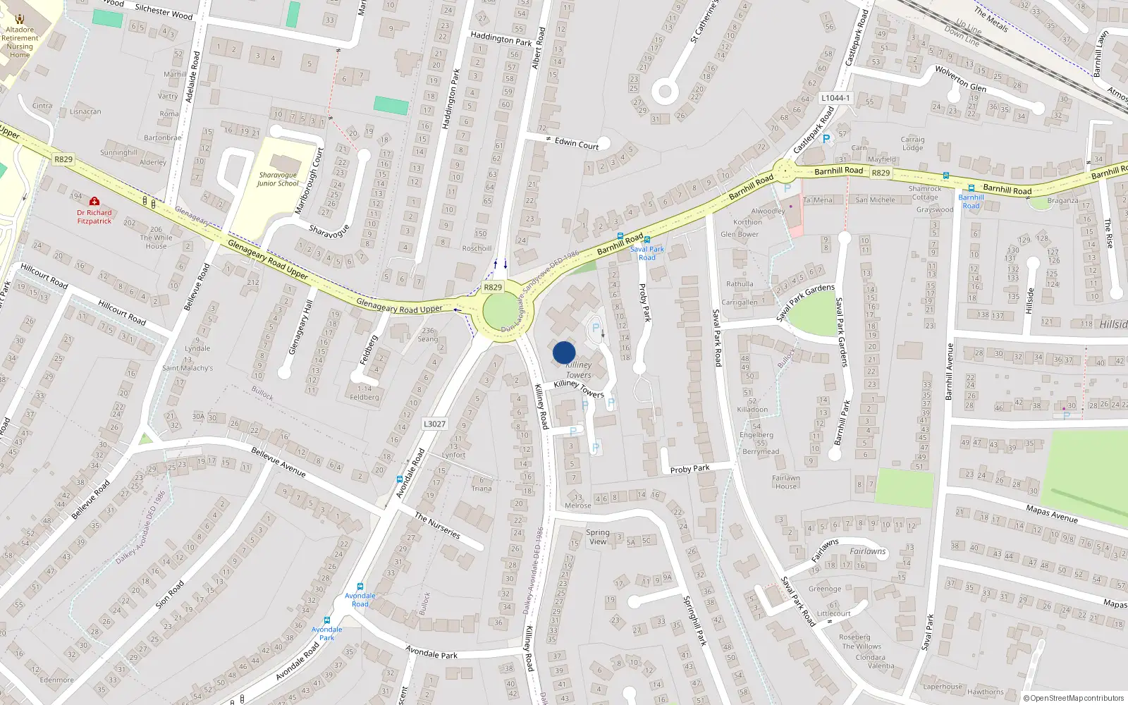 Overhead map showing the location of 19 Killiney Towers, Killiney Road, Killiney