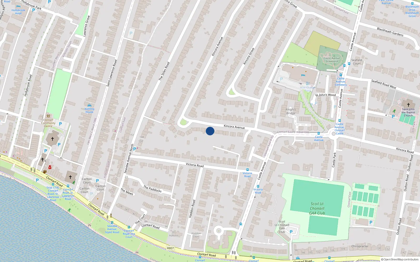 Overhead map showing the location of 19 Kincora Avenue, Clontarf, Dublin 3