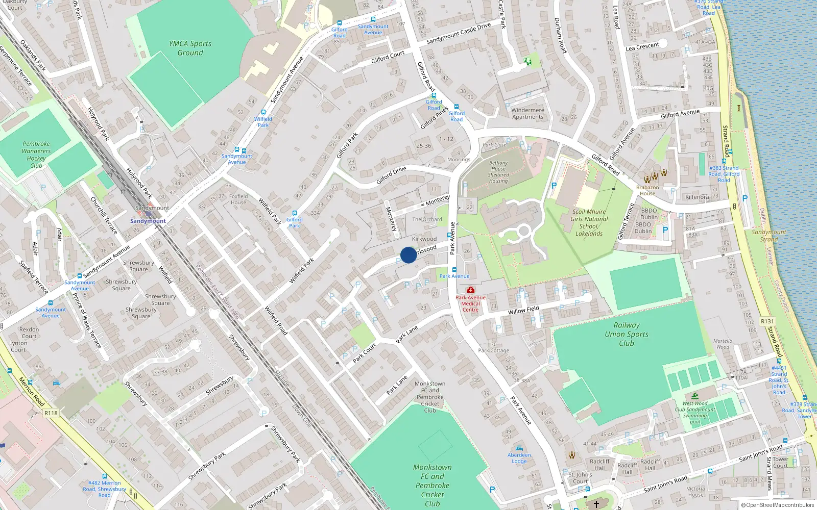 Overhead map showing the location of 19 Kirkwood, Sandymount