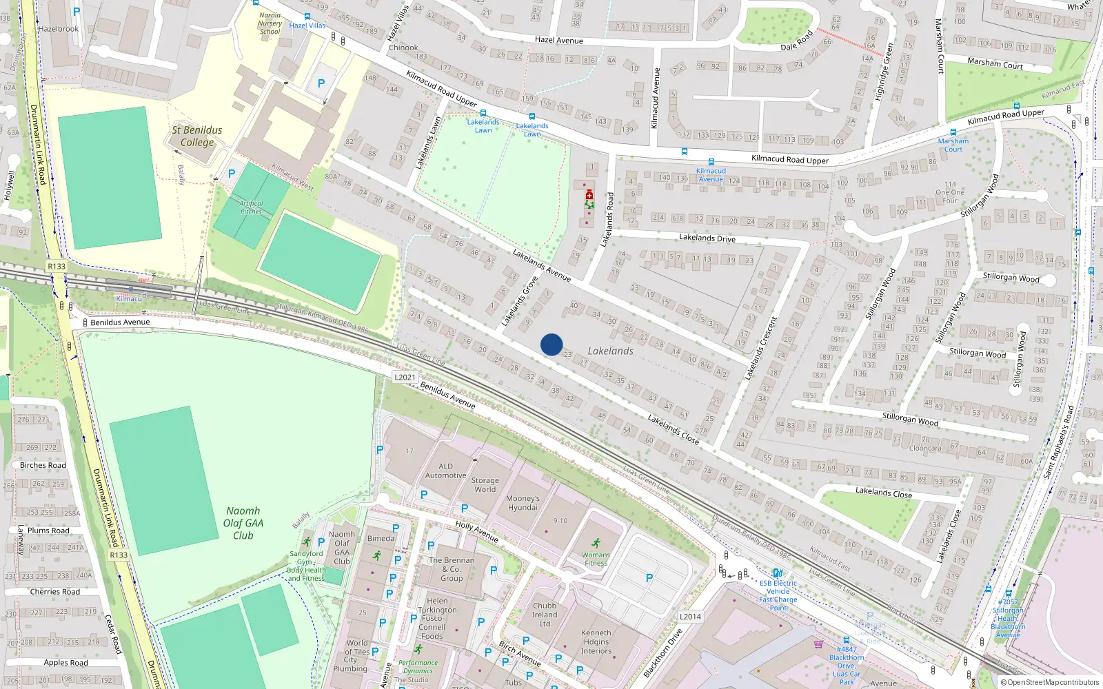 Overhead map showing the location of 19 Lakelands Close, Dublin