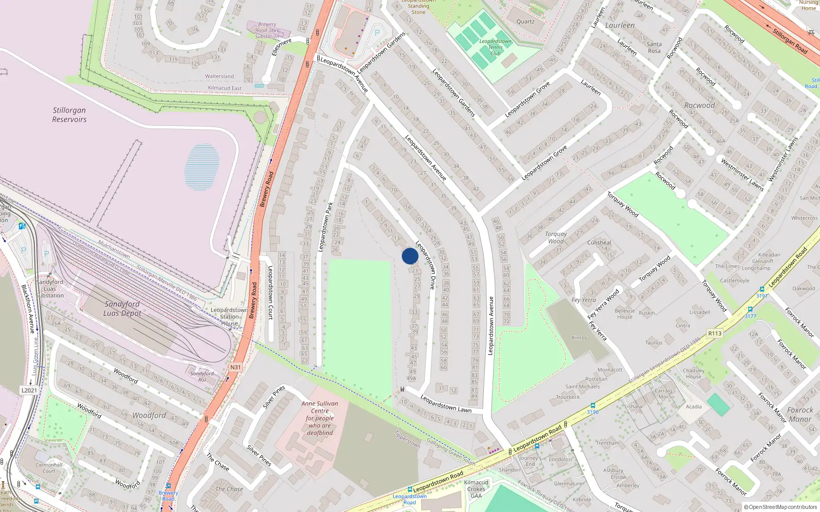 Overhead map showing the location of 19 Leopardstown Drive, Stillorgan, Co. Dublin