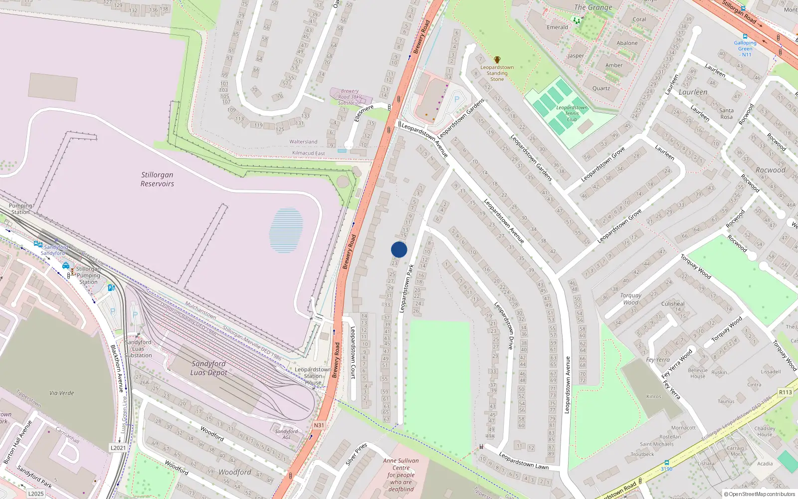 Overhead map showing the location of 19 Leopardstown Park, Blackrock, Dublin