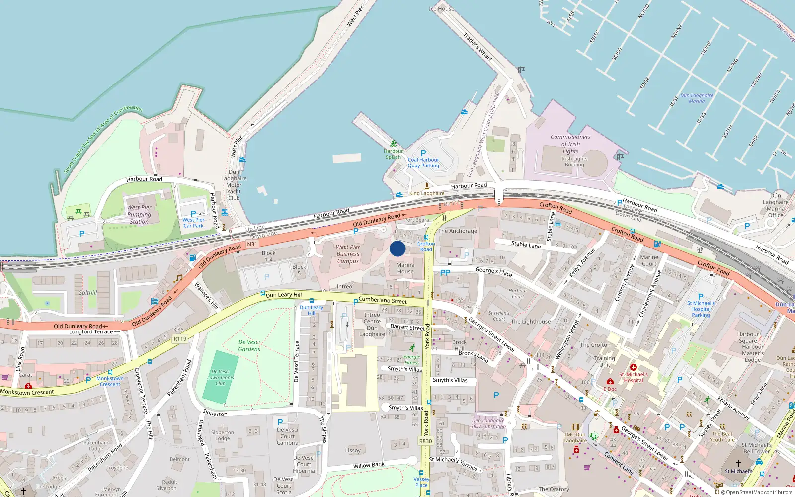 Overhead map showing the location of 19 Marina View, Clarence St, Dun Laoghaire