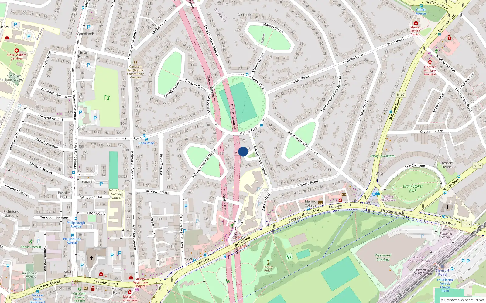 Overhead map showing the location of 19 Marino Park Avenue, Marino, Dublin 3, D03de22