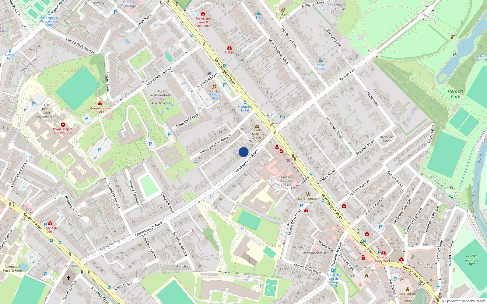 Overhead map showing the location of 19 Marlborough Road, Donnybrook