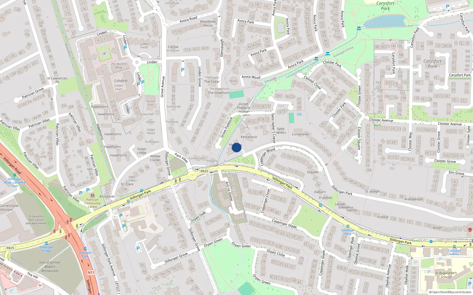 Overhead map showing the location of 19 Meadowcourt, Stillorgan Park, Blackrock