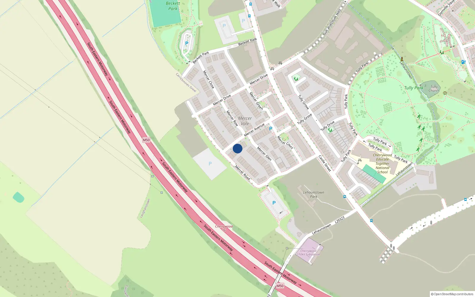 Overhead map showing the location of 19 Mercer Avenue, Laughanstown