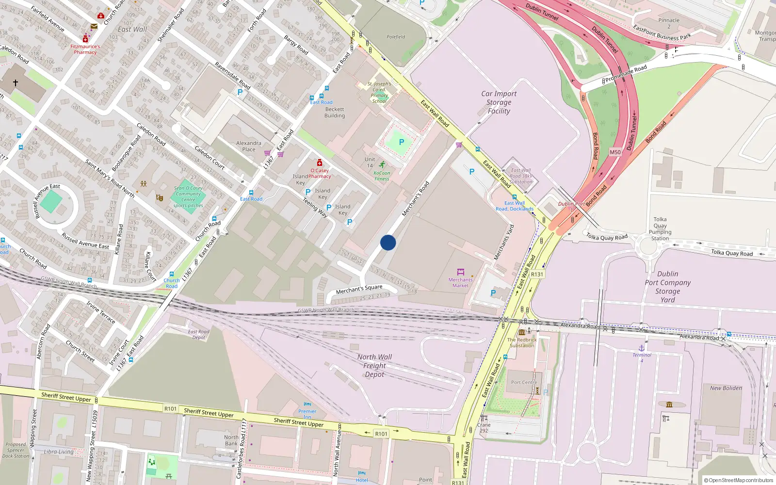 Overhead map showing the location of 19 Merchants Road, East Wall, Dublin 3