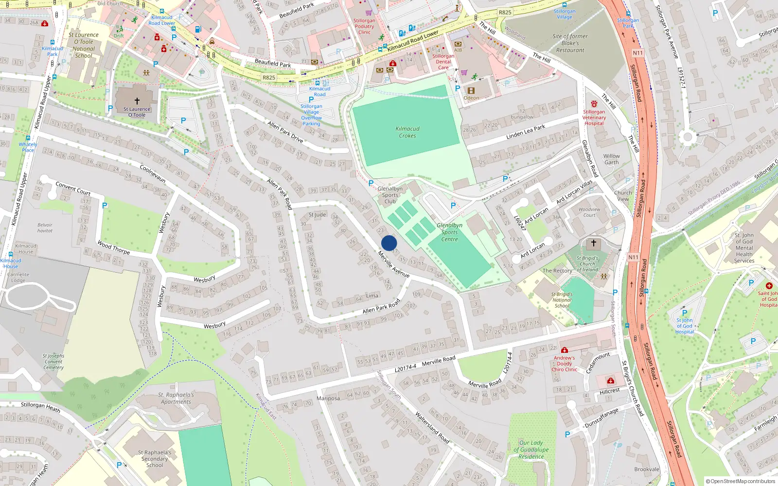 Overhead map showing the location of 19 Merville Avenue, Stillorgan, Dublin