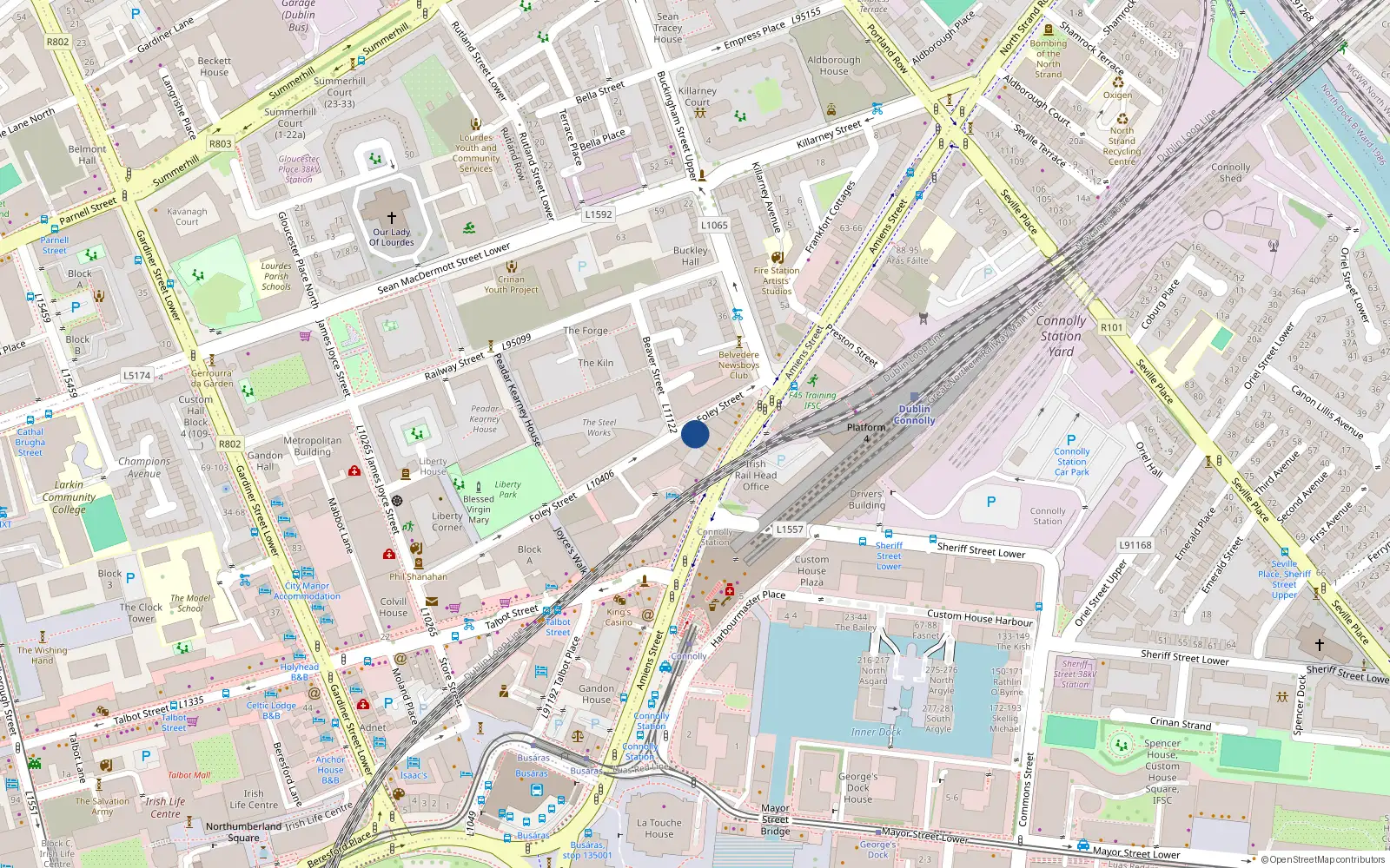 Overhead map showing the location of 19 Mountomery Court, Foley St, Dublin 1