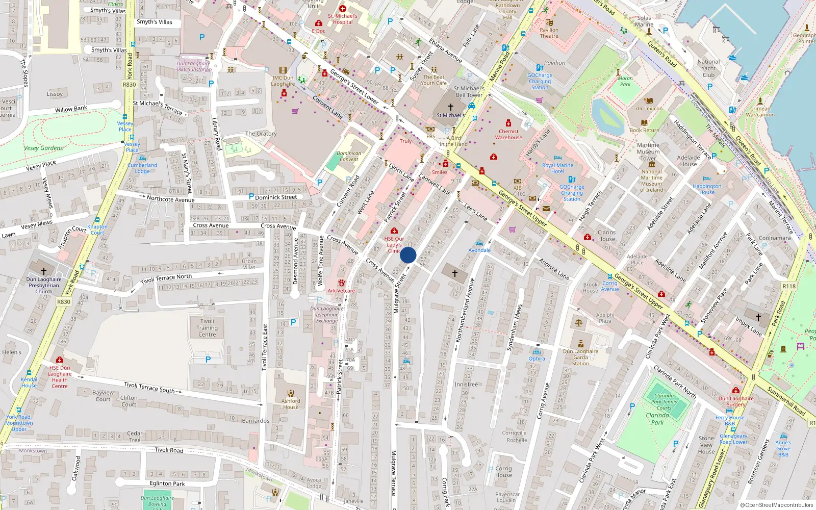 Overhead map showing the location of 19 Mulgrave St, Dun Loaghaire, Dublin