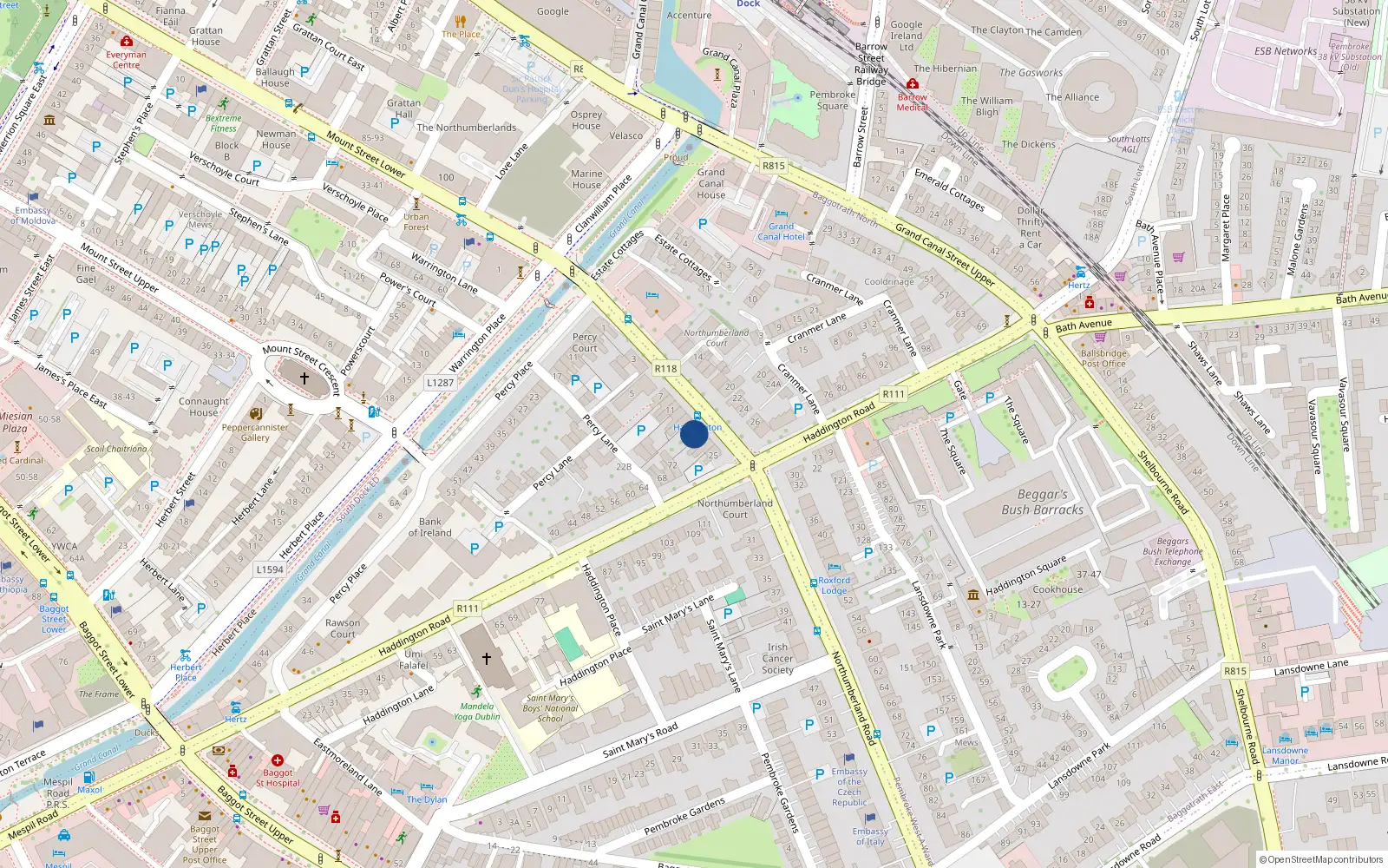 Overhead map showing the location of 19 Northumberland Road, Dublin