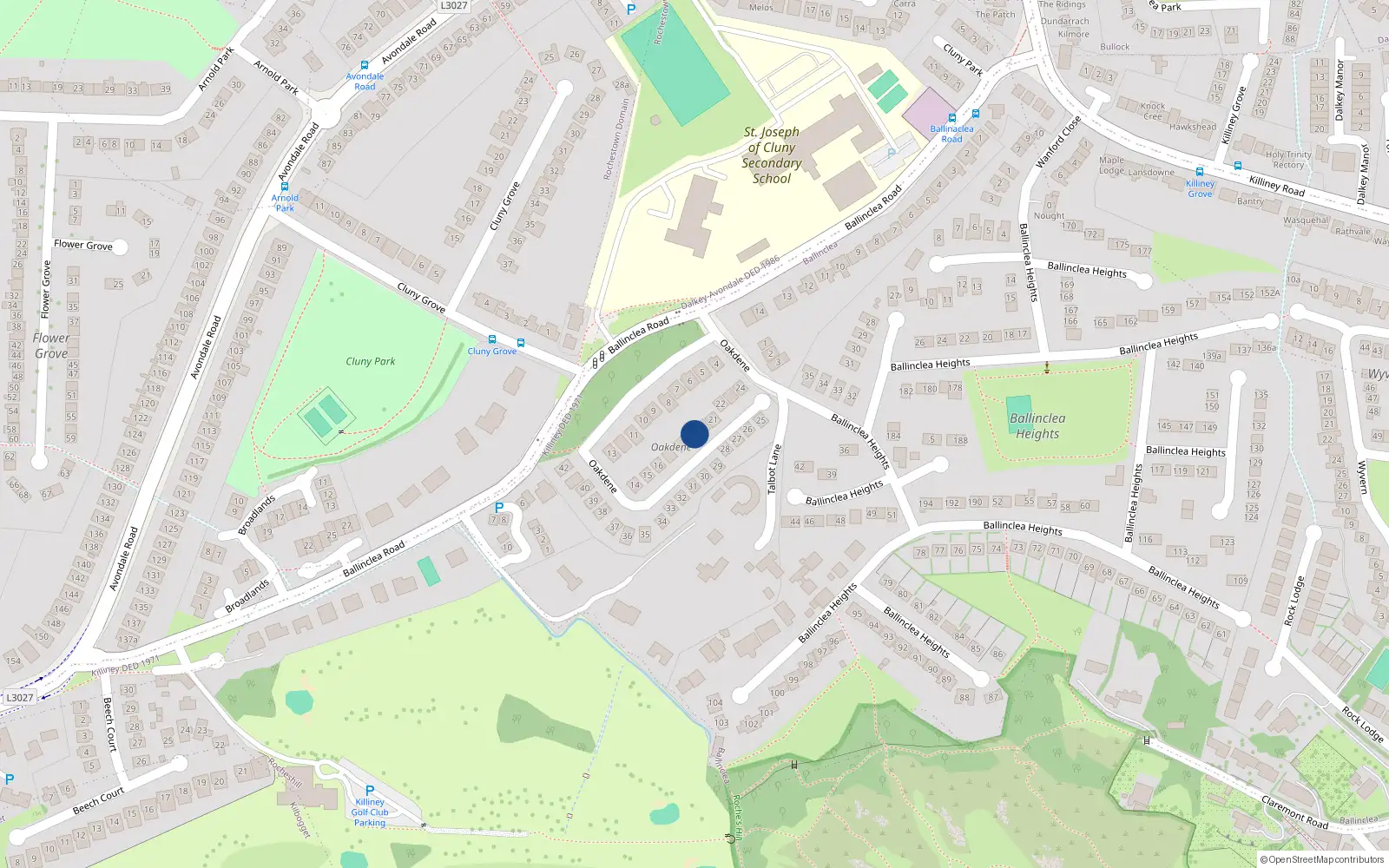 Overhead map showing the location of 19 Oakdene, Killiney