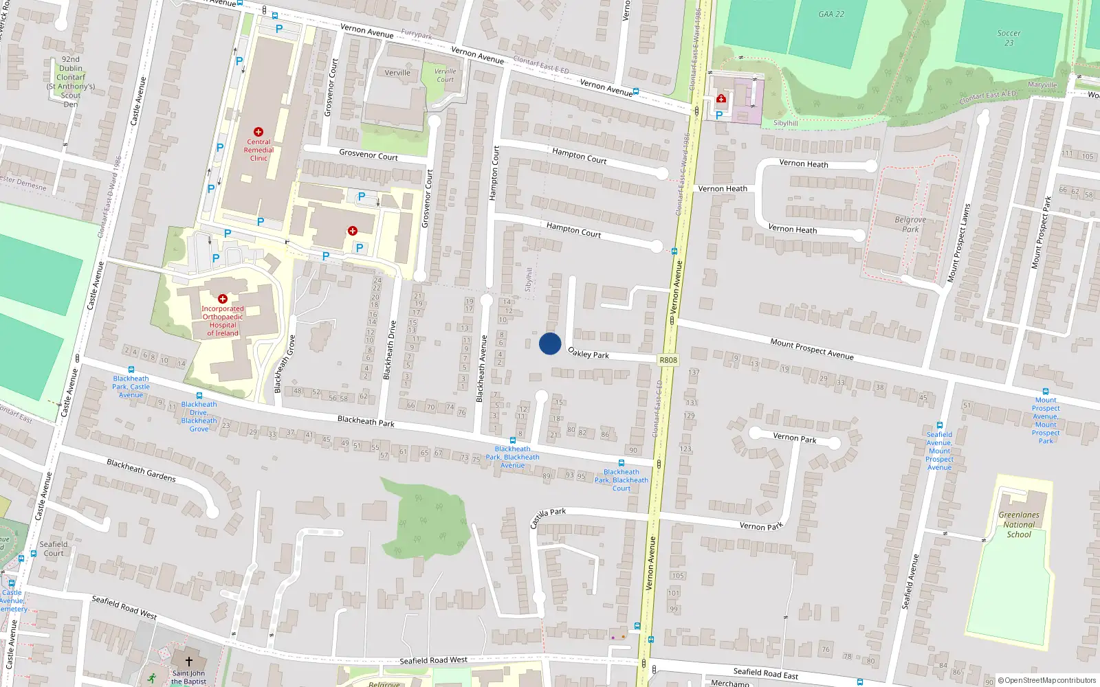 Overhead map showing the location of 19 Oakley Park, Dublin 3