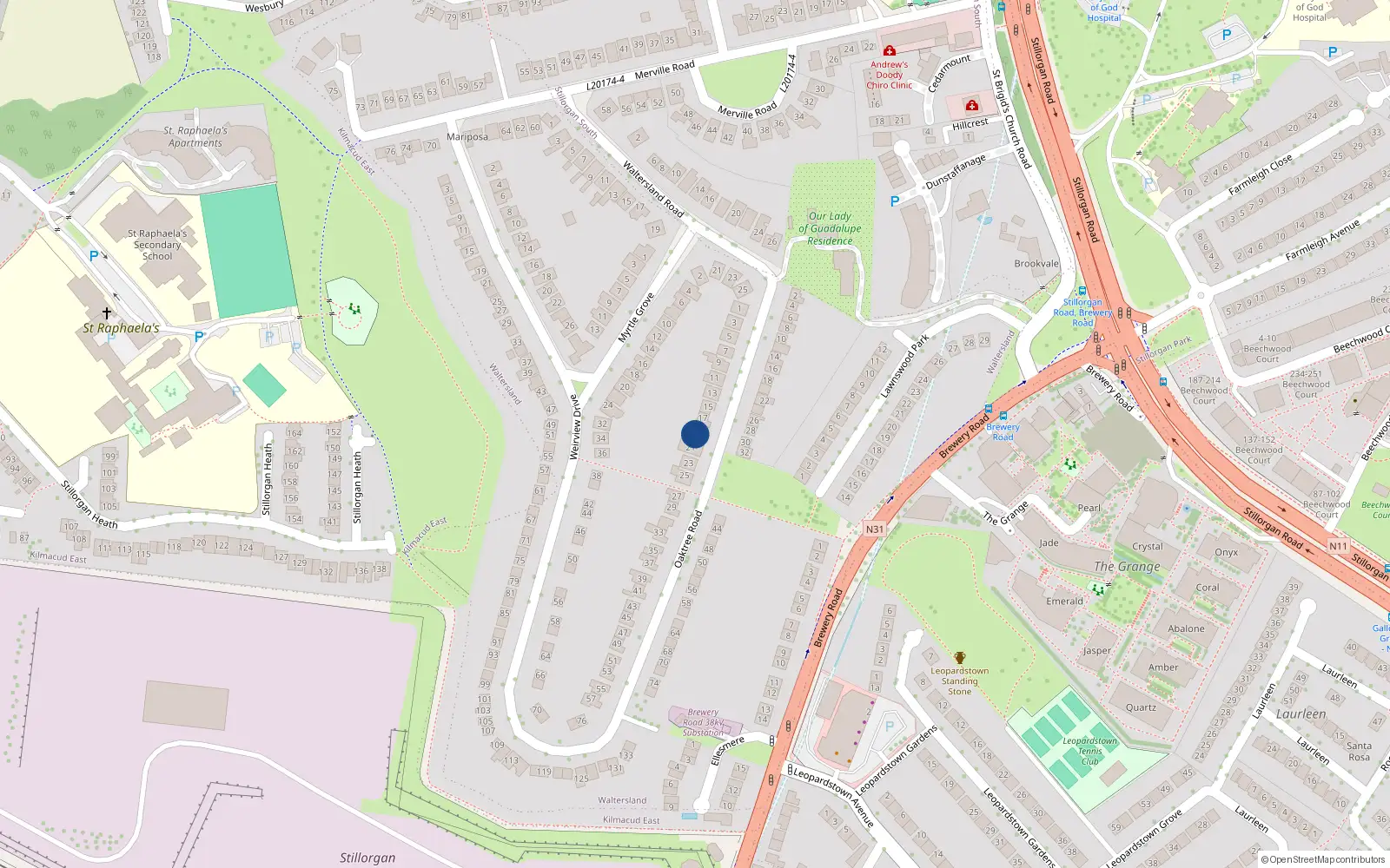 Overhead map showing the location of 19 Oaktree Road, Dublin