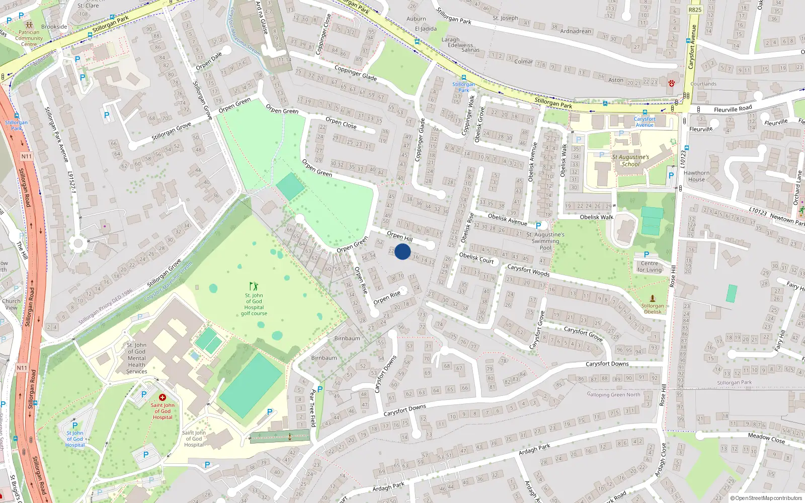 Overhead map showing the location of 19 Orpen Hill, Blackrock