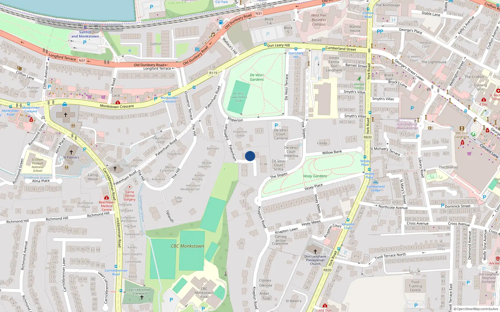 Overhead map showing the location of 19 Packenham Apts, Sloperton, Monkstown