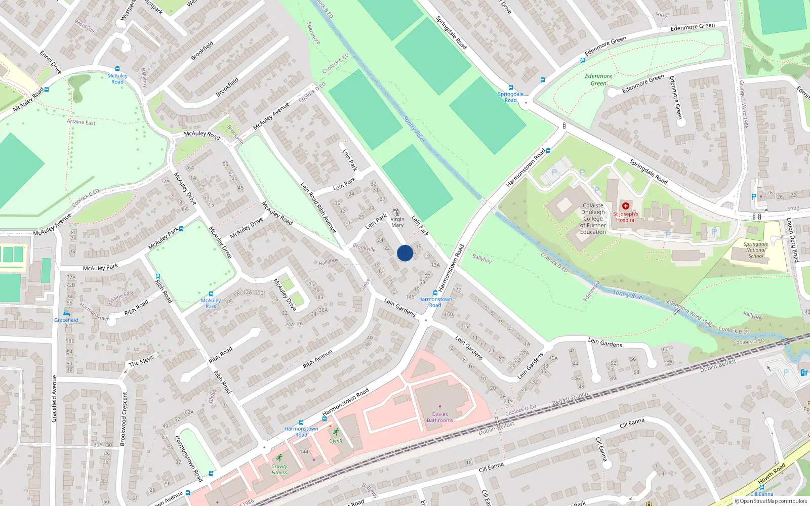 Overhead map showing the location of 19 Pairc Lein (orse Lein Pairc), Harmonstown, Dublin 5