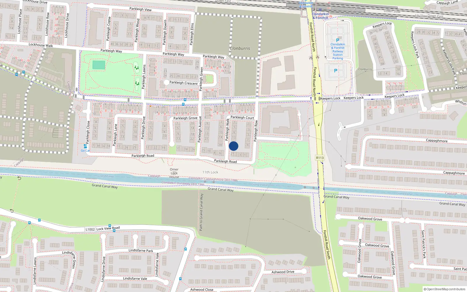 Overhead map showing the location of 19 Parkleigh Walk, Dublin 22